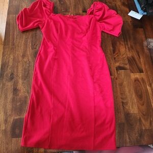 Elegant Red Puff-Sleeve Sheath Dress